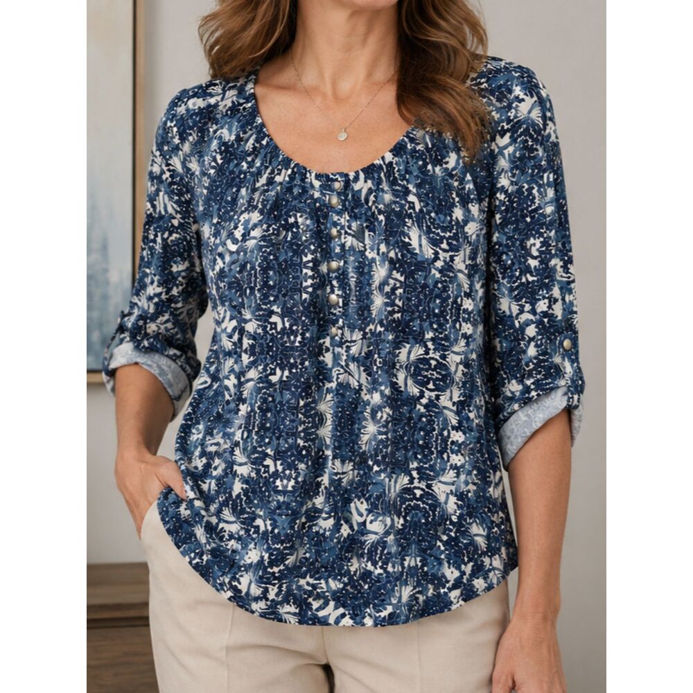 Notations Blue White Floral Print Roll Tab Sleeve Blouse Top Size Small